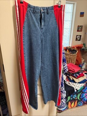 Amazon High-Rise Blue Denim Jeans with Red Side Panels